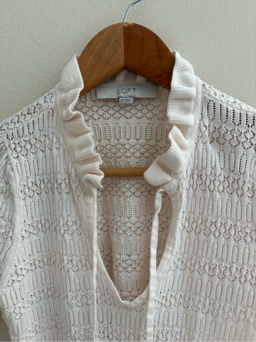 LOFT Cream Ruffle-Collar Open-Knit Blouse
